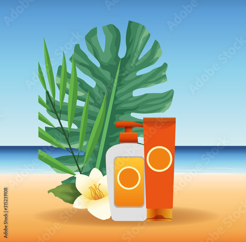 summer time in beach vacations sunblock bottles flower leaves exotic