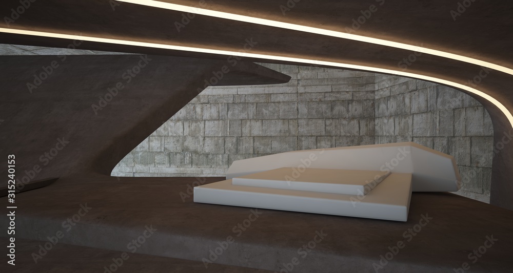 Fototapeta premium Abstract architectural concrete smooth interior of a minimalist house with swimming pool and neon lighting. 3D illustration and rendering.