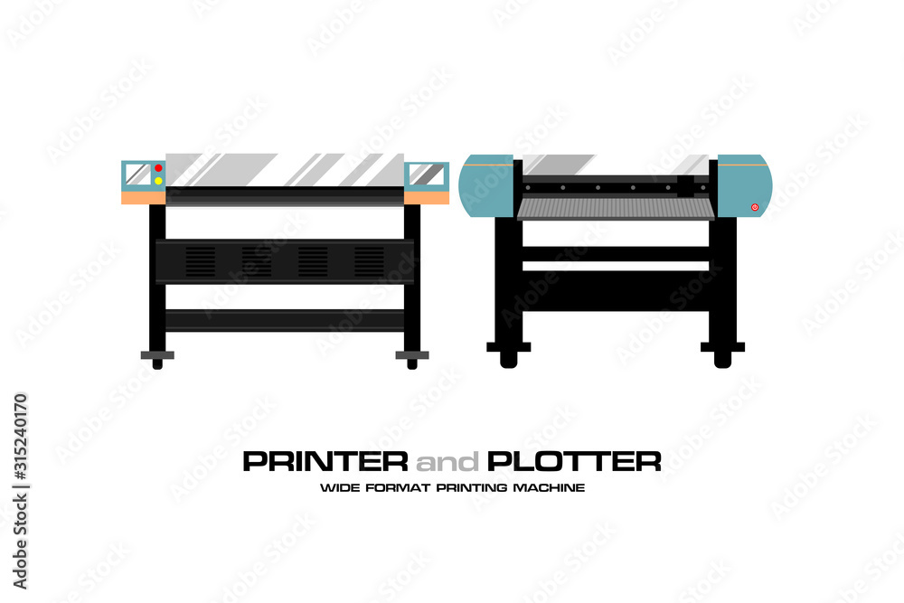 Printer and Plotter, wide format printing machine for Advertising industry. Operating and control by computer with CMYK color. Vector illustration by layers.