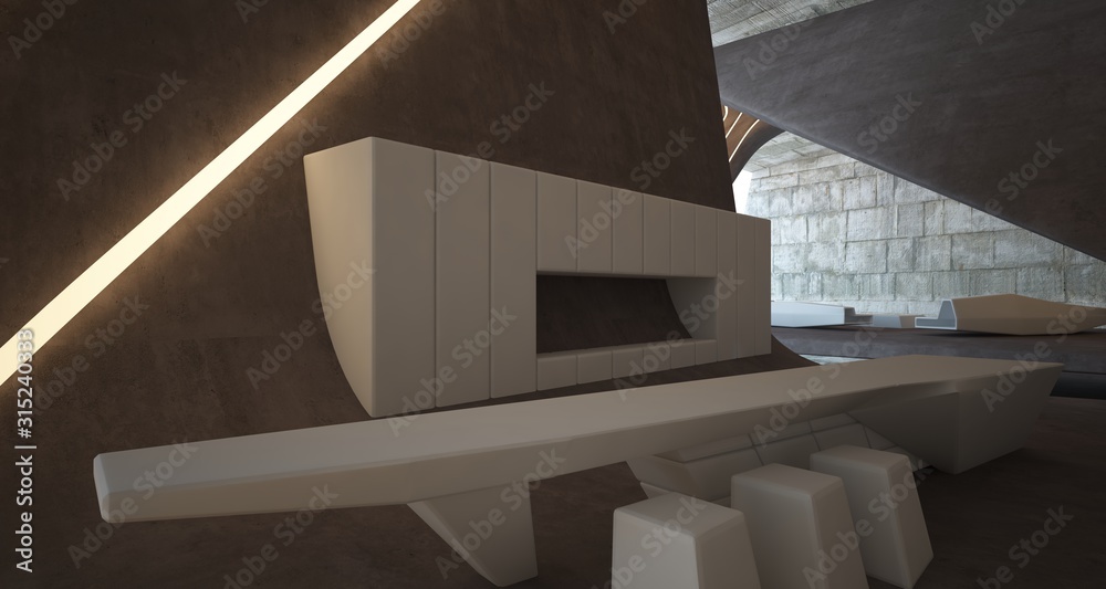 Fototapeta premium Abstract architectural concrete smooth interior of a minimalist house with swimming pool and neon lighting. 3D illustration and rendering.