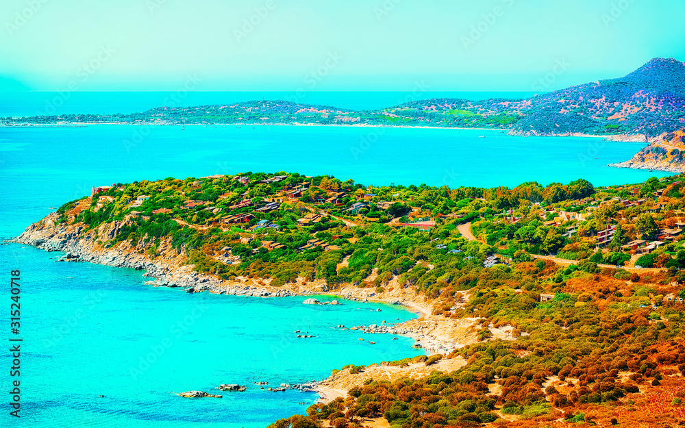 Beautiful nature of Villasimius and with Blue Waters of the Mediterranean Sea on Sardinia Island in Italy in summer. Cagliari province. Landscape and scenery
