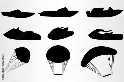 A set of nine elements for a parachute flight over the water, a boat, a water scooter, etc. Extreme sports at sea, beach entertainment.