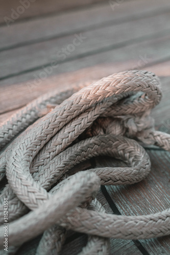 Ropes on the deck. Rigging. Sailing marine stuff. 