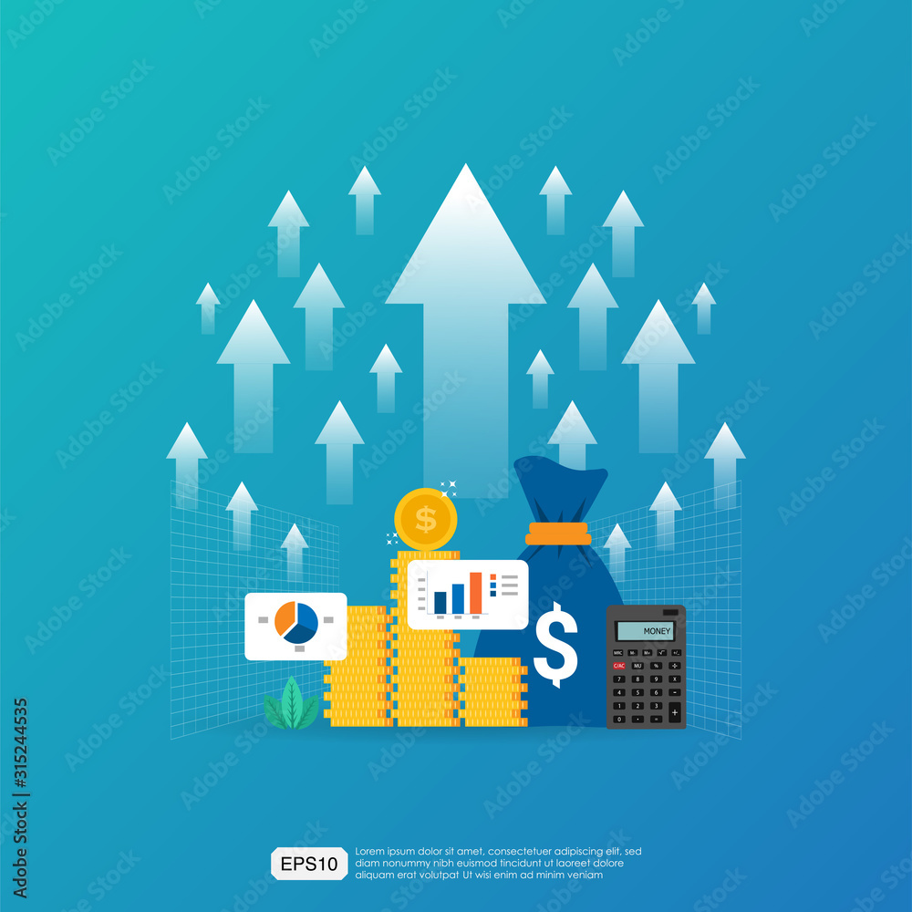 income salary rate increase or rising. business chart graphic growth margin revenue. Finance performance of return on investment ROI concept with arrow element. flat style design vector illustration