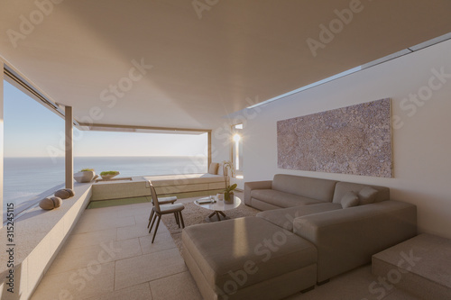 Modern, luxury home showcase interior living room with ocean view