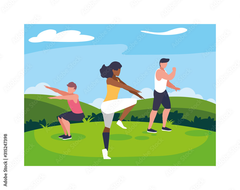 group of people exercising with background landscape