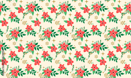 Beautiful Christmas red flower art, with leaf and floral seamless pattern design.