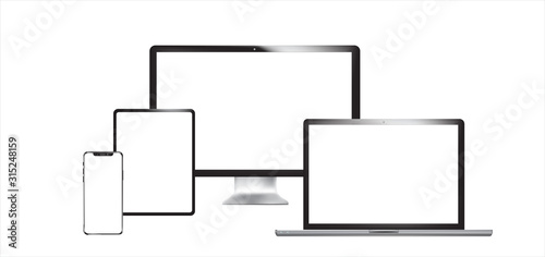 Set of realistic phone, tablet, laptop and PC. Vector graphic