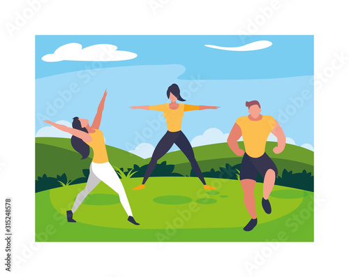 group of people exercising with background landscape