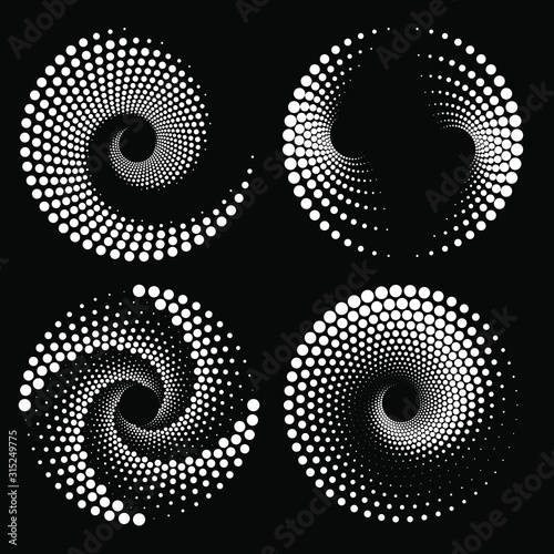 Set of white vector halftone dots in spiral form. Geometric art. Design element for logo, tattoo, sign, symbol, web pages, prints, posters, template, monochrome pattern and abstract background