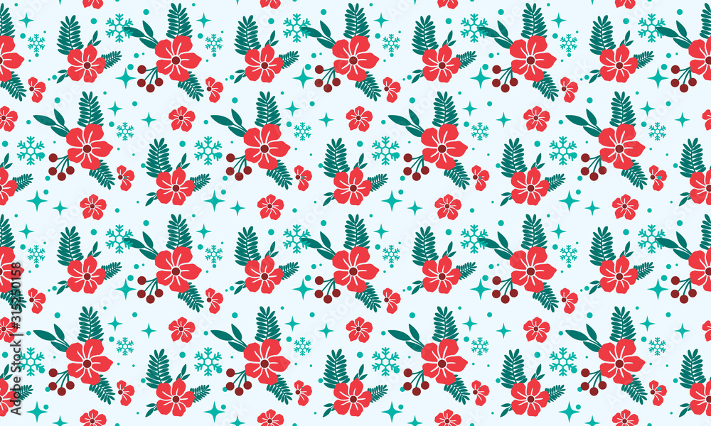 Cute Christmas flower pattern background, with unique leaf and red flower drawing.