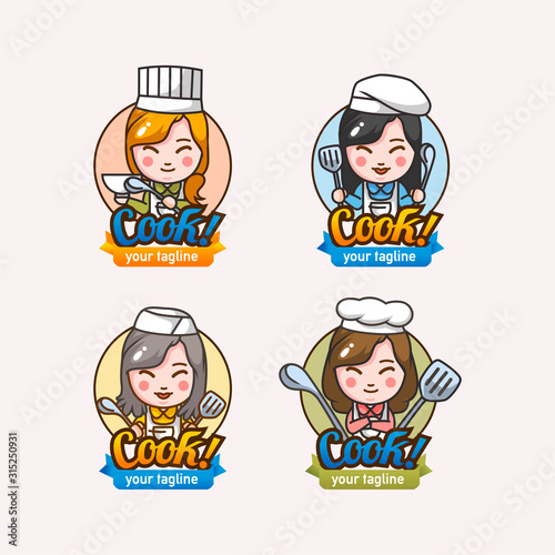 set of four mascot character women cheff with cooking tools and cheff hat vector illustration