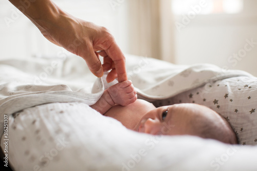 Mother holding hands with newborn baby boy laying in bassinet