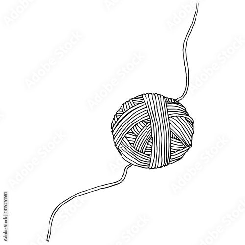 Isolated vector illustration. Ball of yarn. Ariadne thread Hand drawn linear ink sketch. Black and white silhouette.