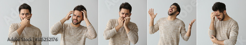 Collage with worried young man on grey background