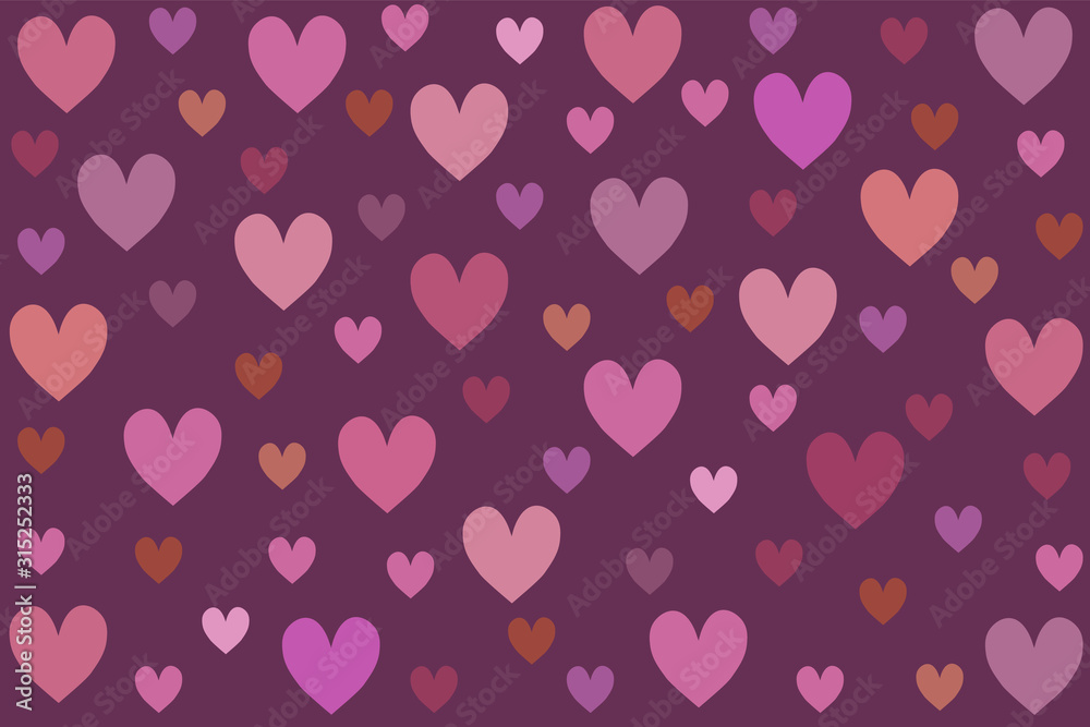 Many colorful hearts on purple background.