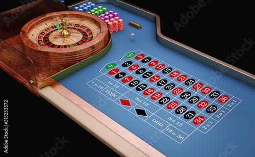 Roulette table and wheel, illustration