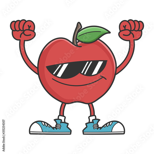 Cheering apple character with sunglasses and arms in the air