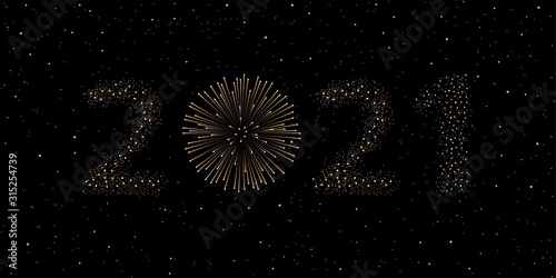 Firework 2021 New year concept on black night sky background. Christmas card. Congratulations or invitation background. Vector illustration