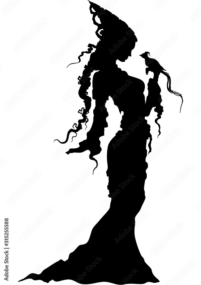 Fototapeta premium Medieval romantic dame and a bird/ Silhouettes romantic medieval woman with a bird