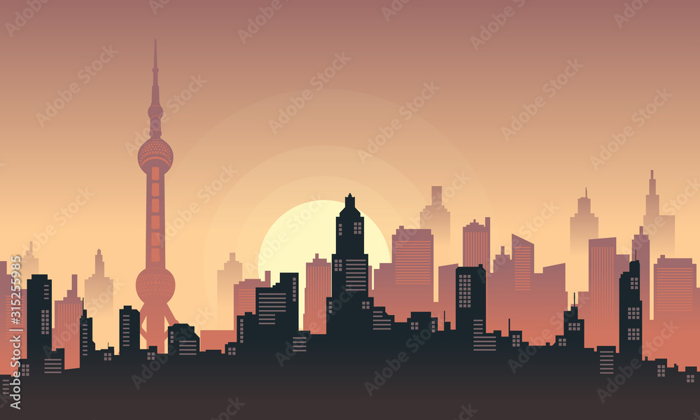 City Silhouette of Oriental Pearl Shanghai in the afternoon