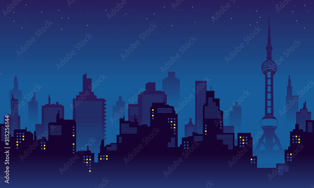 Fototapeta premium Night City Silhouette in the Oriental Pearl Tower Shanghai