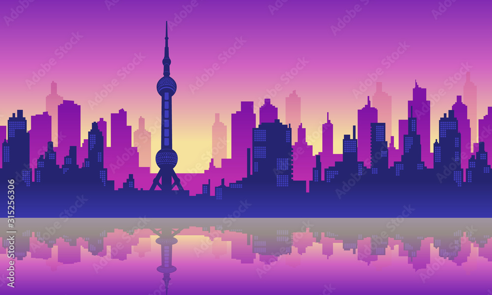Obraz premium Vector City Silhouette of Oriental Pearl Tower Shanghai