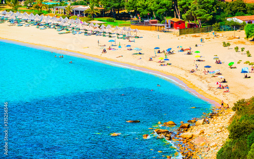 Beautiful nature of Villasimius and with Blue Waters of the Mediterranean Sea on Sardinia Island in Italy in summer. Cagliari province. Landscape and scenery