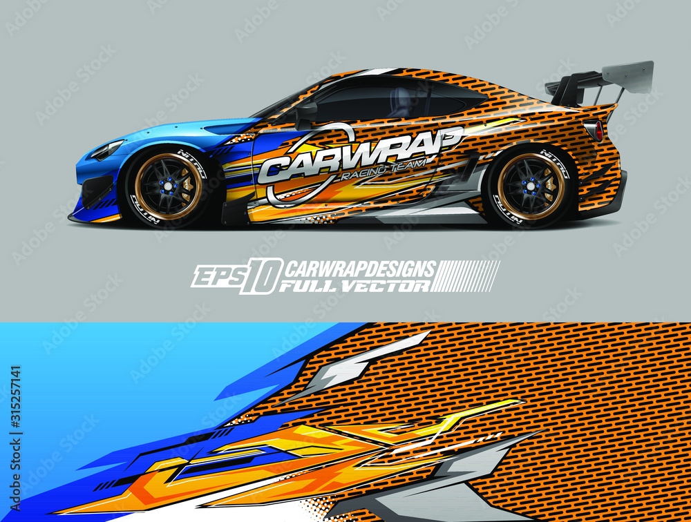 Fototapeta premium Car wrap design vector. Graphic abstract stripe racing background designs for wrap cargo van, race car, pickup truck, adventure vehicle. Eps 10