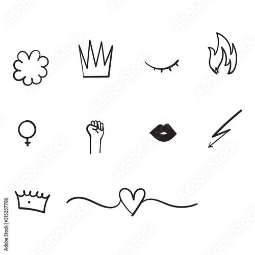 Set of doodle feminism elements and text. Feminist Female hand drawn brush graphic. Vector illustration. Girl power concept. isolated