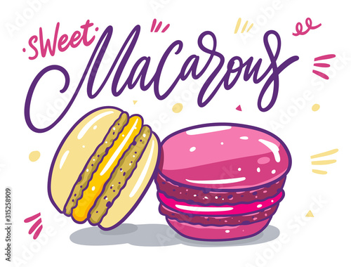 Two Macarons pink and yellow in Cartoon style. Scandinavian typography. Vector illustration. Isolated on white background.