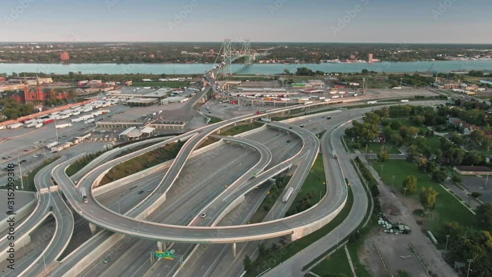 Aerial: Rush hour traffic on Fisher freeway in Detroit. Michigan, USA Aerial: Rush hour traffic on Fisher freeway in Detroit. Michigan, USA