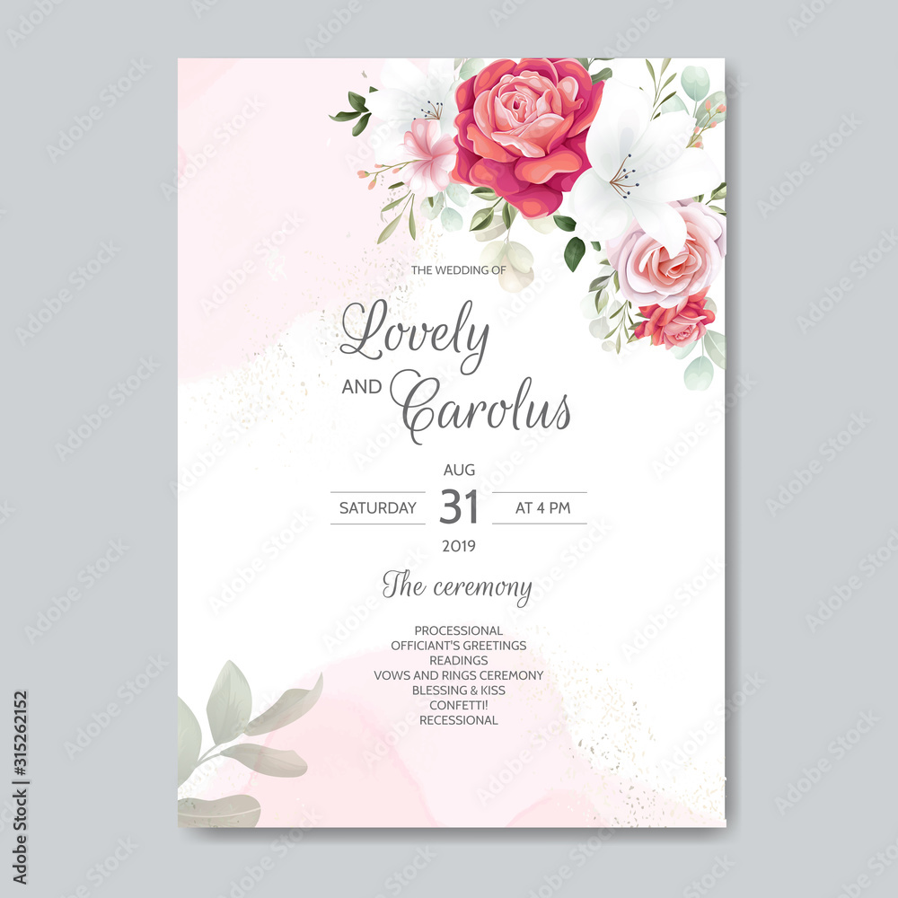 Elegant wedding invitation card template set with floral decoration