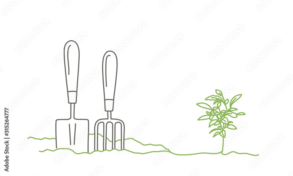 Gardening tools  and sprout. Gardening or planting concept. Colour line drawing vector illustration.
