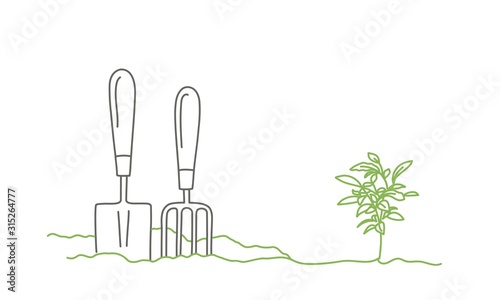 Gardening tools  and sprout. Gardening or planting concept. Colour line drawing vector illustration.