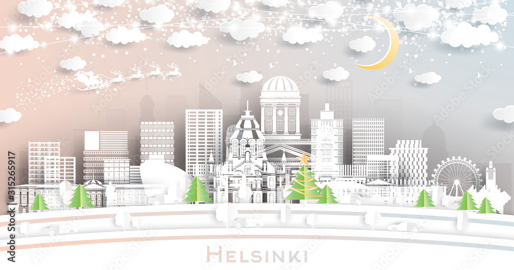 Helsinki Finland City Skyline in Paper Cut Style with Snowflakes, Moon and Neon Garland.