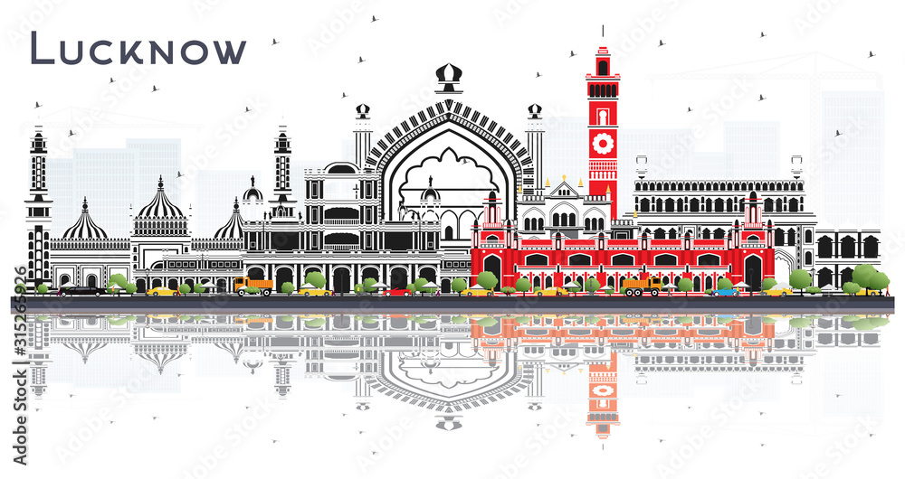 Lucknow India City Skyline with Gray Buildings and Reflections Isolated on White.