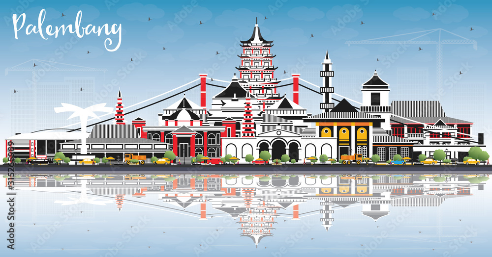 Fototapeta Palembang Indonesia City Skyline with Gray Buildings, Blue Sky and Reflections.