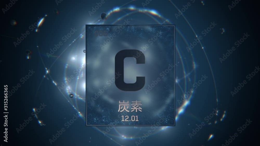 Carbon as Element 6 of the Periodic Table. Seamlessly looping 3D animation on blue illuminated atom design background orbiting electrons name, atomic weight element number in Japanese language Carbon as Element 6 of the Periodic Table. Seamlessly looping 3D animation on blue illuminated atom design background orbiting electrons name, atomic weight element number in Japanese language