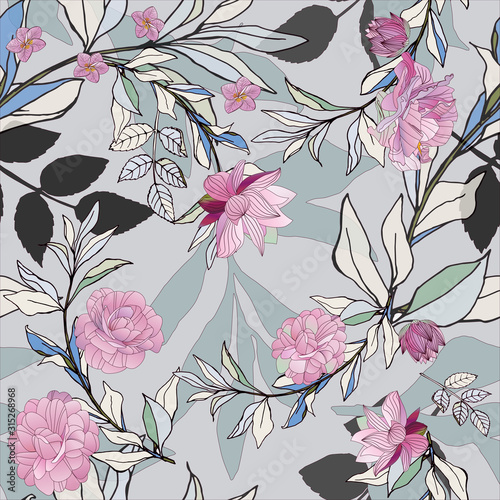 Seamless pattern with pink roses and grey leaves on light background. Tropical flowers, lily. Vector illustration with plants. Gentle pastel colors.