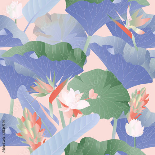  Seamless pattern. Red, yellow, blue aquatic and tropical flowers with large green leaves on a pink background. Vector illustration. Picture with lilies and strelitzia.