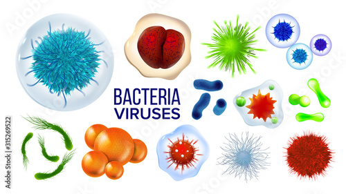 Microscopic Viruses Bacteria Collection Set Vector. Unhealthy Danger Bacteria In Different Form. Science Biological Laboratory Bacterium Colorful Concept Template Realistic 3d Illustrations