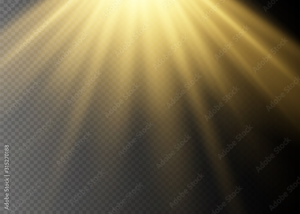 Vector transparent sunlight special lens flash light effect.front sun lens flash. Vector blur in the light of radiance. Element of decor. Horizontal stellar rays and searchlight.