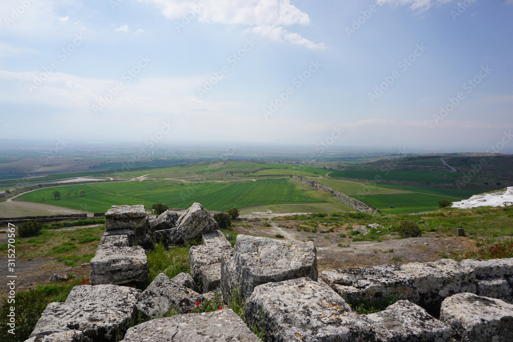 Beautiful meadow landscape of the Hierapolis Archaeology site in Pamukkale