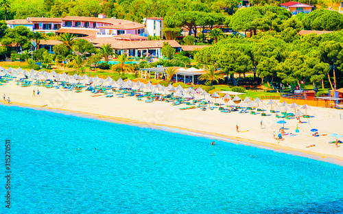 Beautiful nature of Villasimius and with Blue Waters of the Mediterranean Sea on Sardinia Island in Italy in summer. Cagliari province. Landscape and scenery