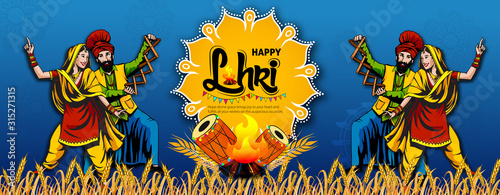 Punjabi harvest festival of lohri celebration bonfire background with wishes of Happy Lohri