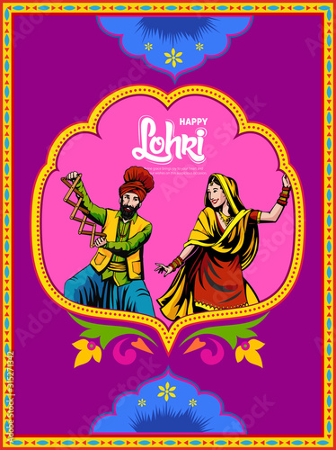 Punjabi harvest festival of lohri celebration bonfire background with wishes of Happy Lohri