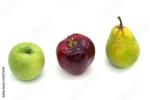 Pear green apple and red apple isolated on white background