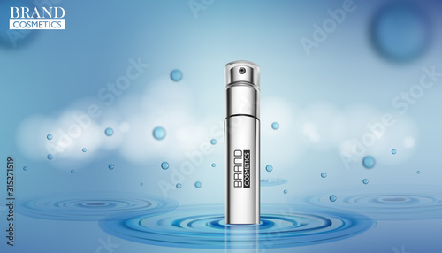 Cosmetic ads template. cosmetic mockup upon water background.