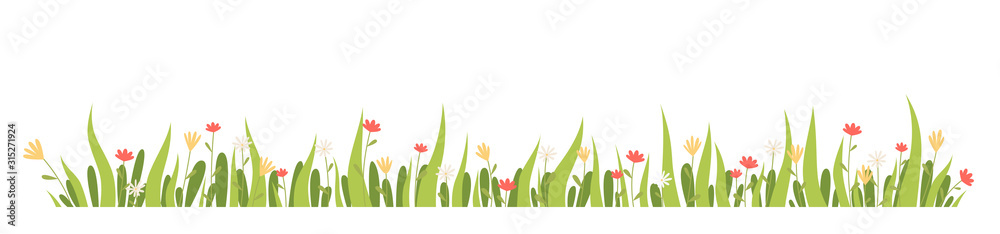 Horizontal banner spring grass and flowers. Vector illustration